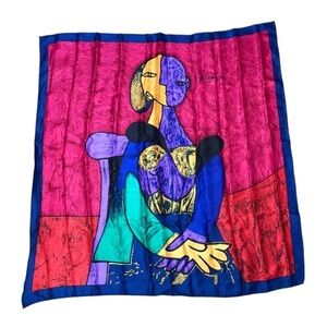 PICASSO Scarf Abstract "Two Women" Cubist Portrait 34x34 100% Silk Red Blue